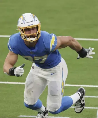  ?? AP FIle ?? DRIVING FORCE: Saying that ‘most of the time, it’s him’ making the play on the Chargers’ defense, Pats coach Bill Belichick signaled containing defensive end Joey Bosa is a top priority for New Engand’s offense.