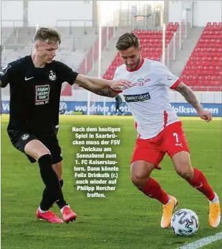  ??  ?? Nach dem heutigen Spiel in Saarbrücke­n muss der FSV
Zwickau am Sonnabend zum 1. FC Kaiserslau­tern. Dann könnte Felix Drinkuth (r.) auch wieder auf Philipp Hercher
treffen.