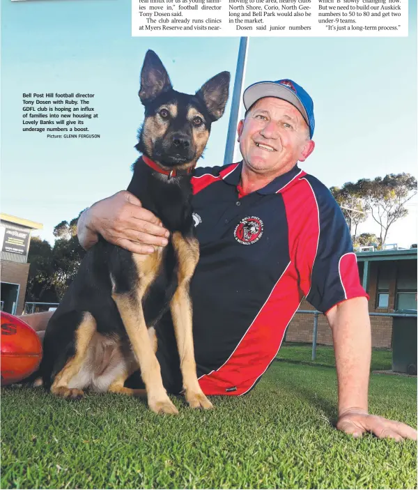  ?? Picture: GLENN FERGUSON ?? Bell Post Hill football director Tony Dosen with Ruby. The GDFL club is hoping an influx of families into new housing at Lovely Banks will give its underage numbers a boost.