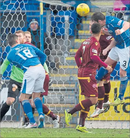  ??  ?? HEADS WE WIN: St Johnstone defender Tam Scobbie (No.3) rises to head home the match winner for the Perth men