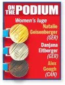  ??  ?? ONPODIUM THE
Women’s luge
Natalie Geisenberg­er
(GER)
Danjana Eitberger
(GER)
Alex Gough
(CAN)