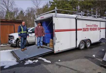  ?? FRANCINE D. GRINNELL — MEDIANEWS GROUP ?? Town of Milton Building Inspector and Zoning Official Bill Lewis and Deputy Highway Department Superinten­dent Jason Miller inventory emergency supplies in the Town of Milton Disaster Response van on Wednesday.