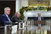  ?? ANDREW HARNIK — THE ASSOCIATED PRESS FILE ?? President Joe Biden, right, meets with congressio­nal leaders in the Roosevelt Room of the White House in Washington on Nov. 29. At left are House Minority Leader Kevin McCarthy and Senate Majority Leader Chuck Schumer, center.