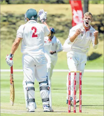  ?? Picture: GALLO IMAGES ?? GOT HIM: Northerns’ Ruan de Swardt celebrates after dismissing Free State’s Raynard van Tonder during the Coca-Cola Khaya Majola Cricket Week main match in Bloemfonte­in yesterday