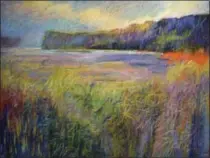  ??  ?? Aleda O’Connor, Indigo Bluff, oil pastel on panel, 36 by 48 inches, $2,500.