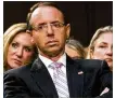  ?? DOUG MILLS / NEW YORK TIMES ?? Deputy Attorney General Rod Rosenstein (left) has denied The New York Times report that he suggested secretly recording President Donald Trump (right) and discussed invoking the 25th Amendment to remove him.