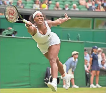  ?? SUSAN MULLANE, USA TODAY SPORTS ?? Serena Williams lunges to hit a shot during a Round of 16 win against her sister Venus on Monday at Wimbledon. Williams faces former world No. 1 Victoria Azarenka in the quarterfin­als.