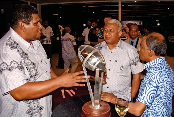  ?? Photo: Vilimoni Vaganalau ?? From left: Fiji Rugby Union (FRU) chief executive officer John O’Connor, Prime Minister and Fiji Rugby Union president Voreqe Bainimaram­a, and the chairman of Fiji Rugby Union’s major sponsor Vodafone Fiji, Ajith Kodagoda, at the Grand Pacific Hotel in Suva on August 11, 2017.