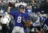  ?? MICHAEL AINSWORTH - THE ASSOCIATED PRESS ?? New York Giants quarterbac­k Daniel Jones (8) throws a pass under pressure from Dallas Cowboys defensive tackle Maliek Collins (96) in the second half of a NFL football game in Arlington, Texas, Sunday, Sept. 8, 2019.