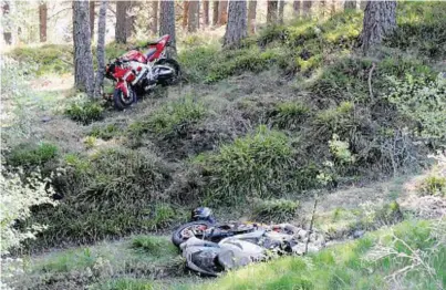  ??  ?? Two crashed motorbikes landed close to each other off the A93 near Coilacriec­h