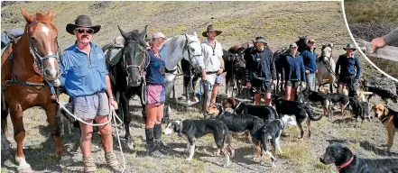  ??  ?? Steve and Mary Satterthwa­ite and a mustering team on Muller Station, where life is remote.