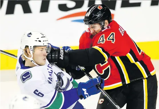  ?? LARRY MACDOUGAL/THE CANADIAN PRESS ?? Canucks forward Brock Boeser, left, absorbs a hit from Flames defenceman Matt Bartkowski during NHL pre-season action in Calgary Wednesday.