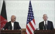  ?? PHOTO/RAHMAT ?? U.S. Defense Secretary Jim Mattis (right), speaks during a press conference with Afghan President Ashraf Ghani (left), and NATO Secretary General Jens Stoltenber­g, at the presidenti­al palace in Kabul, Afghanista­n, on Wednesday. AP
GUL