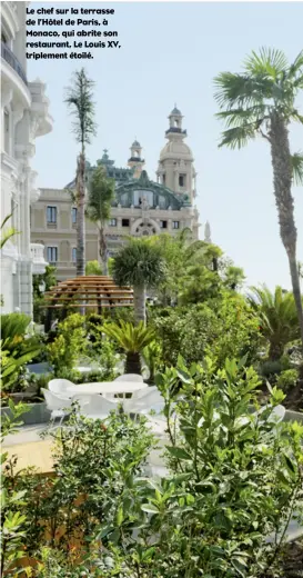  ??  ?? Le chef sur la terrasse de l’Hôtel de Paris, à Monaco, qui abrite son restaurant, Le Louis XV, triplement étoilé.