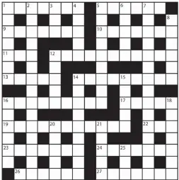  ?? PRIZES of £20 will be awarded to the senders of the first three correct solutions checked. Solutions to: Daily Mail Prize Crossword No. 15,349, PO Box 3451, Norwich NR7 7NR. Entries may be submitted by second-class post. Envelopes must be postmarked no la ?? NO 15,349
SOLUTION TO PRIZE CROSSWORD No 15,346: ACROSS: 6 Uncompromi­sing. 9 Impede. 10 Nugatory. 11 Infra dig. 13 Apathy. 15 Hijack. 17 Meteor. 19 Flagon. 20 Obstacle. 22 Advisory. 24 Groggy. 26 Systems analyst. DOWN: 1 Busman’s holiday. 2 Acre. 3...