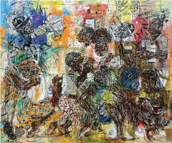  ?? ?? Particolar­i Alcune delle opere in mostra al Mef: a sinistra, un dipinto di Salifou Lindou; in alto, Bouvy Enkobo Ndoto; qui sopra, James Mishio