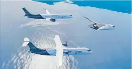  ??  ?? Airbus’ concepts for the world’s first zero-emission commercial aircraft, which could be in service bt 2035, include a blended-wing body design for up to 200 passengers (top),A turbofan design (120-200 passengers) with a range of 3700km, and a turboprop design (up to 100 passengers).