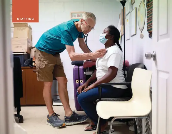  ?? GETTY IMAGES ?? San Shields, a retired nurse practition­er, performs a check-up at an El Paso, Texas, area church in September 2022. Health systems have looked to retired clinicians to help augment care amid staffing shortages.