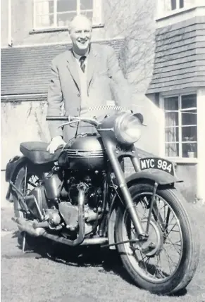  ?? ?? Michael’s dad with his 1951 Triumph Thunderbir­d 6T, which Michael eventually sold to buy a Morris Minor.