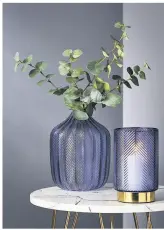  ??  ?? Above: Wilko’s spring range includes these beautiful textured glass accessorie­s, £8 each. The vase is ideal for displaying a simple sprig of eucalyptus and the candlehold­er has a sophistica­ted gold base