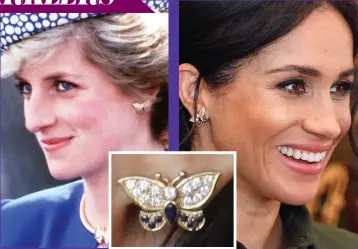  ??  ?? Wings of love: Diana wore the delicate butterflie­s when Harry was 18 months old in 1986, and he is thought to have given them to Meghan to mark her pregnancy