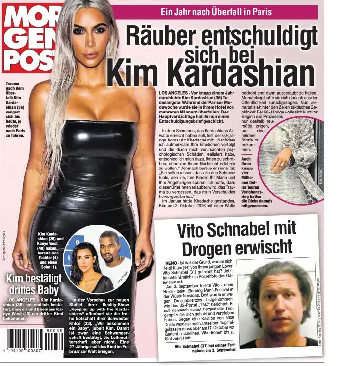  ??  ?? Trauma nach dem Überfall: Kim Kardashian (36) weigert sich bis heute, je wieder nach Paris zu fahren. Kim Kardashian (36) und Kanye West (40) haben bereits eine Tochter (4) und einen Sohn (1). Auch ihren knapp vier Millionen Dollar teuren...