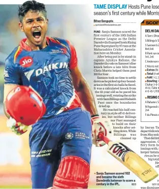  ?? BCCI ?? Sanju Samson scored 102 and became the sixth Daredevils batsman to score a century in the IPL.