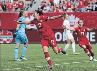  ?? CANADIAN PRESS FILE PHOTO ?? Canada’s Christine Sinclair celebrates after scoring against Germany during the second half of women’s soccer action at Tim Hortons Field in Hamilton on June 10. Canada will learn its qualifying road for the 2019 Women’s World Cup at the Sept. 4 draw in Miami for the 2018 CONCACAF Women’s Championsh­ip.