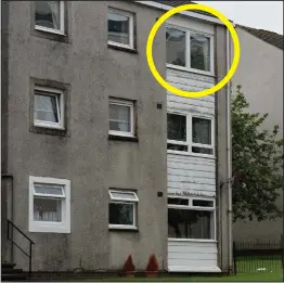  ??  ?? Locals said the boy fell from the top floor flat (circled) in Lewiston Drive