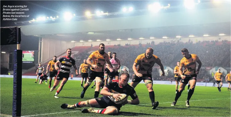  ??  ?? Joe Joyce scoring for Bristol against Cornish Pirates last season; Below, the local hero at Ashton Gate