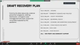  ?? SCREENSHOT OF MONTCOPA VIDEO ?? Chart listing categories of proposed uses of federal COVID stimulus funds in the Montgomery County Draft Pandemic Recovery Plan, as presented during the county commission­ers’ meeting on Thursday.