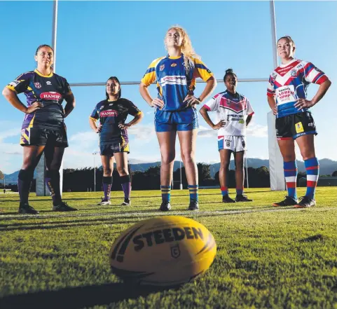  ??  ?? Edmonton Storm's Lyn Cavanagh and Jessica Addo, Roos' Kaiyla Ward, Ivanhoe's Rachel Abednego and Atherton’s Taneel Barton. Absent: Yarrabah, Innisfail. Picture: Stewart McLean