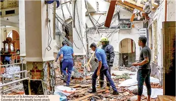  ??  ?? The interior of St Anthony’s Church in Colombo after the deadly bomb attack