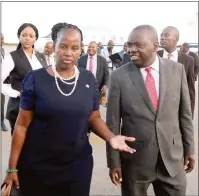  ?? — Picture by Tawanda Mudimu ?? Foreign Affairs and Internatio­nal Trade Minister Dr Sibusiso Busi Moyo (right) welcomes Dr Unity Dow, Botswana’s Minister of Internatio­nal Affairs and Cooperatio­n and Ms Bogolo Kenewendo (far left), the Investment, Trade and Industry Minister from Botswana at Robert Gabriel Mugabe Internatio­nal Airport in Harare yesterday.