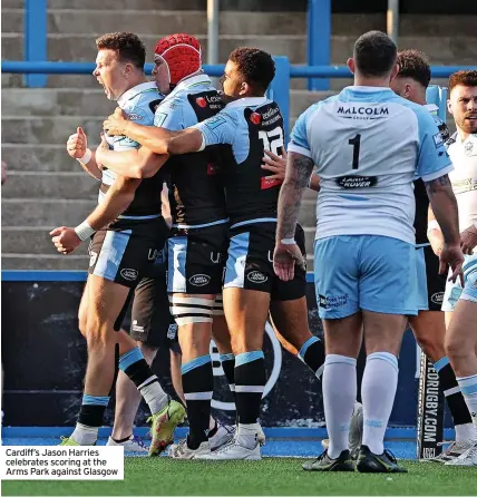  ?? ?? Cardiff’s Jason Harries celebrates scoring at the Arms Park against Glasgow