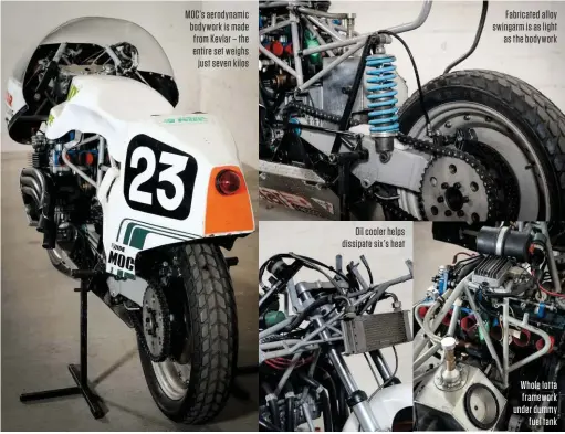  ??  ?? MOC’S aerodynami­c bodywork is made from Kevlar – the entire set weighs just seven kilos Oil cooler helps dissipate six’s heat Fabricated alloy swingarm is as light as the bodywork Whole lotta framework under dummy fuel tank