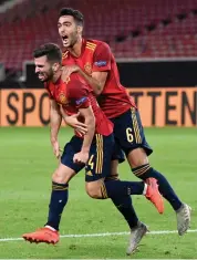  ?? — AFP ?? Spain’s Jose Luis Gaya Pena ( left) is congratula­ted by Mikel Merino after he scored against Germany in their Nations League football match in Stuttgart, southern Germany, on Thursday.