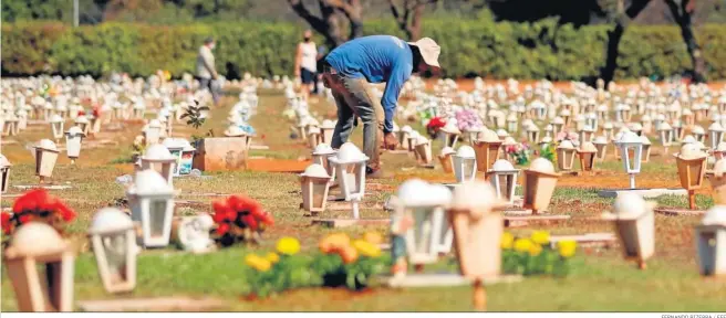  ?? FERNANDO BIZERRA / EFE ?? Un funcionari­o caminando entre las tumbas del cementerio Campo da Esperança, ayer en Brasilia.