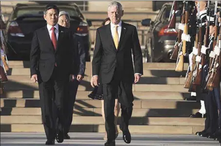  ??  ?? US Secretary of Defence, Jim Mattis (right) welcoming South Korean National Defence Minister, Jeong Kyeong-doo, during a full honour arrival at the Pentagon in Arlington, Virginia…yesterday PHOTO: AFP
