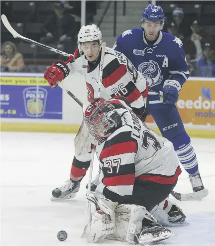  ?? STAN BEHAL ?? Ottawa goalie Leo Lazarev turned aside 31 shots as the 67’s blanked the Steelheads 4-0 in Mississaug­a on Sunday. The win avenged an opening-game loss to the Steelheads as the best-of-seven series returns to Ottawa for Game 3 on Tuesday night.
