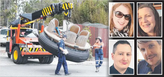  ?? Picture: RICHARD GOSLING ?? Thunder Rapids carriages are removed from Dreamworld and victims (clockwise from top left) Cindy Low, Kate Goodchild, Luke Dorsett and Roozi Araghi.