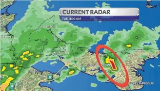  ??  ?? The Tuesday - 8 am radar image clearly shows a very intense thundersto­rm cell between Vernon River and Montague, P.E.I.