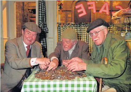  ??  ?? > Last of the Summer Wine stars, from left, Peter Sallis (Clegg) Bill Owen (Compo) and Brian Wilde (Foggy)