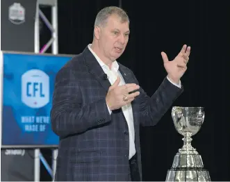  ?? ADRIAN WYLD/ THE CANADIAN PRESS ?? CFL commission­er Randy Ambrosie believes the league can make its Grey Cup game more appealing to fans if it’s played earlier in the year, when the weather is usually still pleasant.