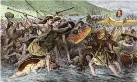  ??  ?? Julius Caesar’s army landing in Britain. Archaeolog­ists believe that the wide, shallow Pegwell Bay on Kent’s easterly tip, is the most likely landing spot. Illustrati­on: Alamy