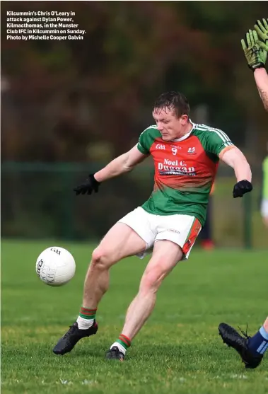  ??  ?? Kilcummin’s Chris O’Leary in attack against Dylan Power, Kilmacthom­as, in the Munster Club IFC in Kilcummin on Sunday. Photo by Michelle Cooper Galvin