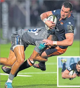  ?? ?? Edinburgh’s double try scorer, Emiliano Boffelli, is tackled by Bath’s Jonathan Joseph at the DAM Health Stadium last night.
While Blair Kinghorn also went over in fine style for the home side (below)