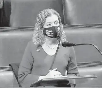  ?? HOUSE LIVESTREAM ?? U.S. Rep. Debbie Wasserman Schultz, a Broward/Miami-Dade County Democrat, speaks Wednesday in the House chamber at the Capitol in Washington, D.C.