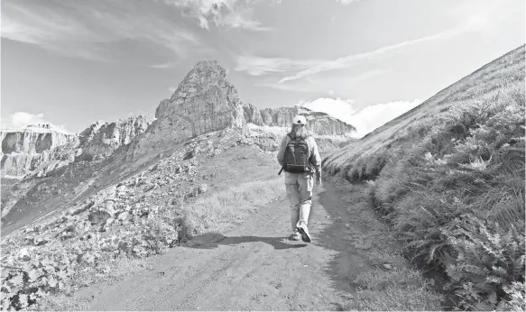  ?? ANTONIO SCARPI, GETTY IMAGES/ISTOCKPHOT­O ?? Walking vacations can be simple strolls or rugged hikes such as this one through picturesqu­e mountain trails in Fassa Valley of the Italian Dolomites.