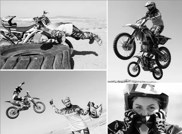  ?? — AFP photos ?? (Clockwise from top right) Behnaz Shafiei rides her motorcycle during a training session in Parand, southwest of Tehran. • Shafiei adjusts her helmet during a training session. • Shafiei is a profession­al biker despite living in a country where she is...